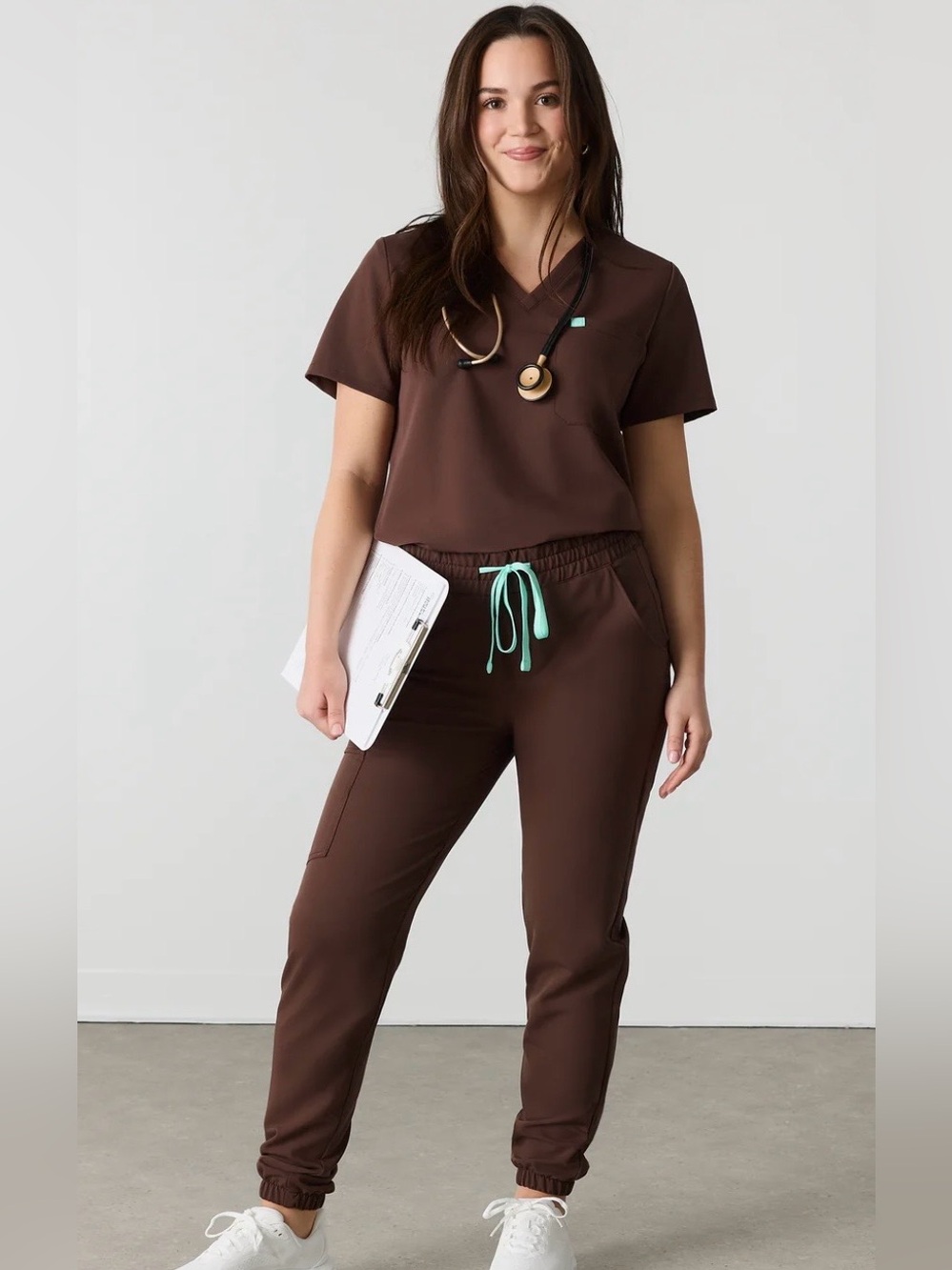 Women's Brown V-Neck Scrub Top and Jogger Set - Brand